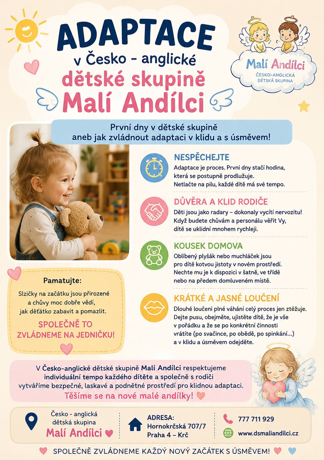 Adaptace v Česko-anglické dětské skupině Malí Andílci – jak zvládnout první dny v klidu a s úsměvem: nespěchejte, důvěra a klid rodiče, kousek domova, krátké a jasné loučení