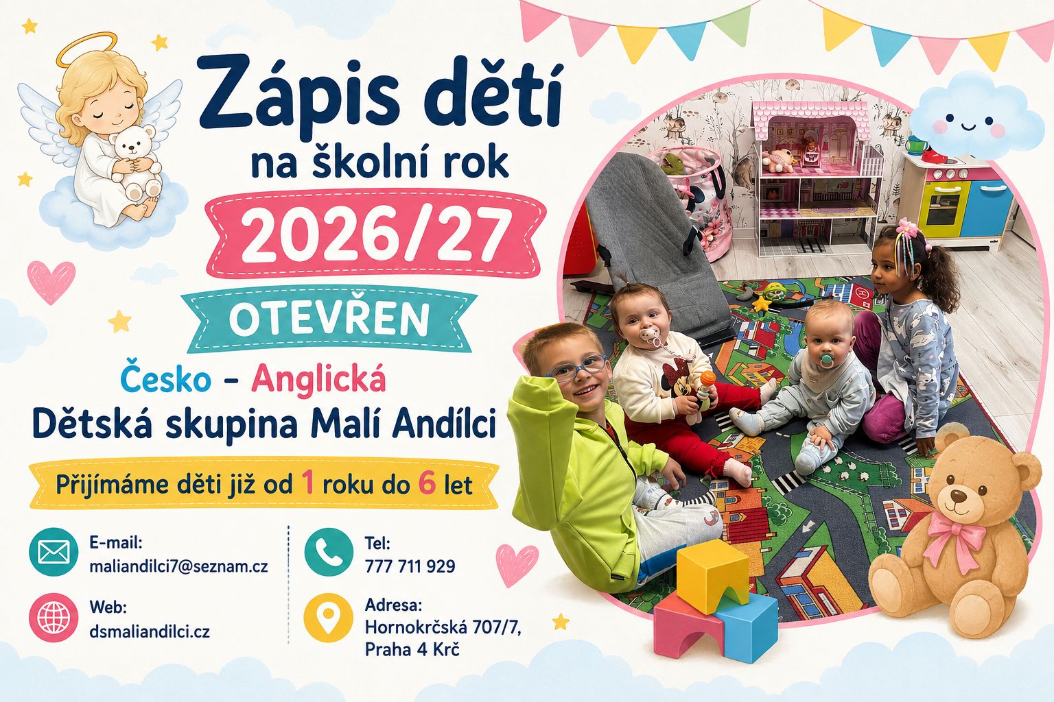 Letáček zápisu na školní rok 2026/2027 – Česko-anglická dětská skupina Malí Andílci